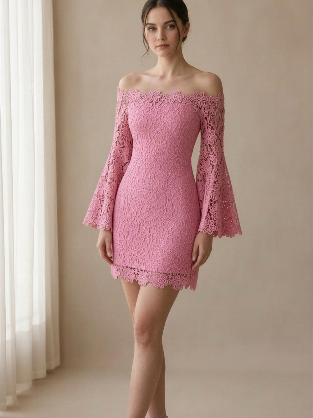 Pink Lace Off-Shoulder Mini Dress Sz S